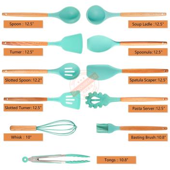 食品级硅胶木柄厨具11件套 烘焙用具套装 不粘锅烹饪勺铲(绿色)