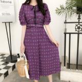 2019春夏新品女装 复古碎花泡泡袖收腰系带印花连衣裙(170/100A(L))