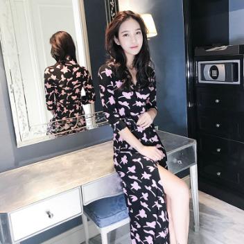 2018秋冬新款美国D家米兰达枫叶开叉系带修身裹身裙连衣裙女(170/100A(L))